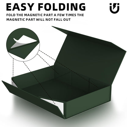 Gift Box with Lids, 11.5 x 8.5 x 2.3 In Magnetic Closure Collapsible Gift Boxes for wraps gifts of T-Shirts, Gloves, Scarves, Candy, Baby Clothes, Jewelry, Books, Comes with a Ribbon(Forest green)