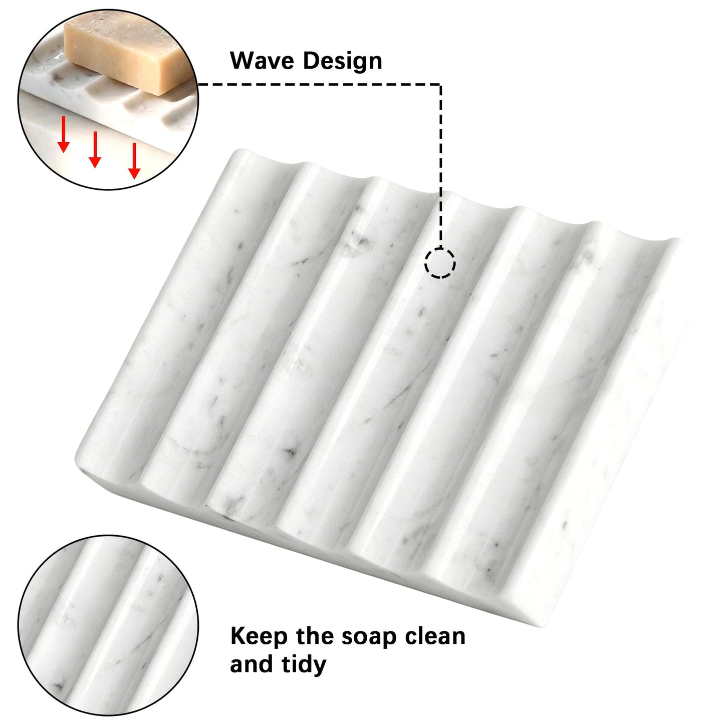Soap Holder, Luxury Marble Soap Dish for Shower, Bathroom Tray with Creative Wavy Design,Easy Cleaning Marble Tray for Kitchen Sink