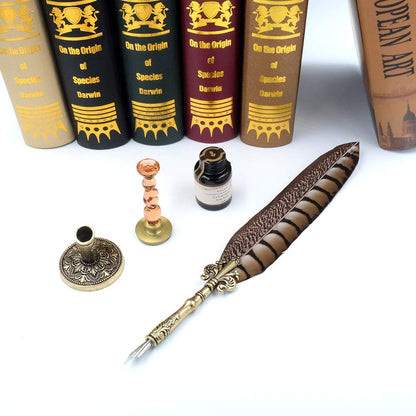 GC QUILL Antique Quill Pen Unique Half-Patterned Feather Pen Set with 6 Nibs 1 Bottle of Ink 1 Seal Stamp 1 Pen Holder 1 Sealing Wax LL-149