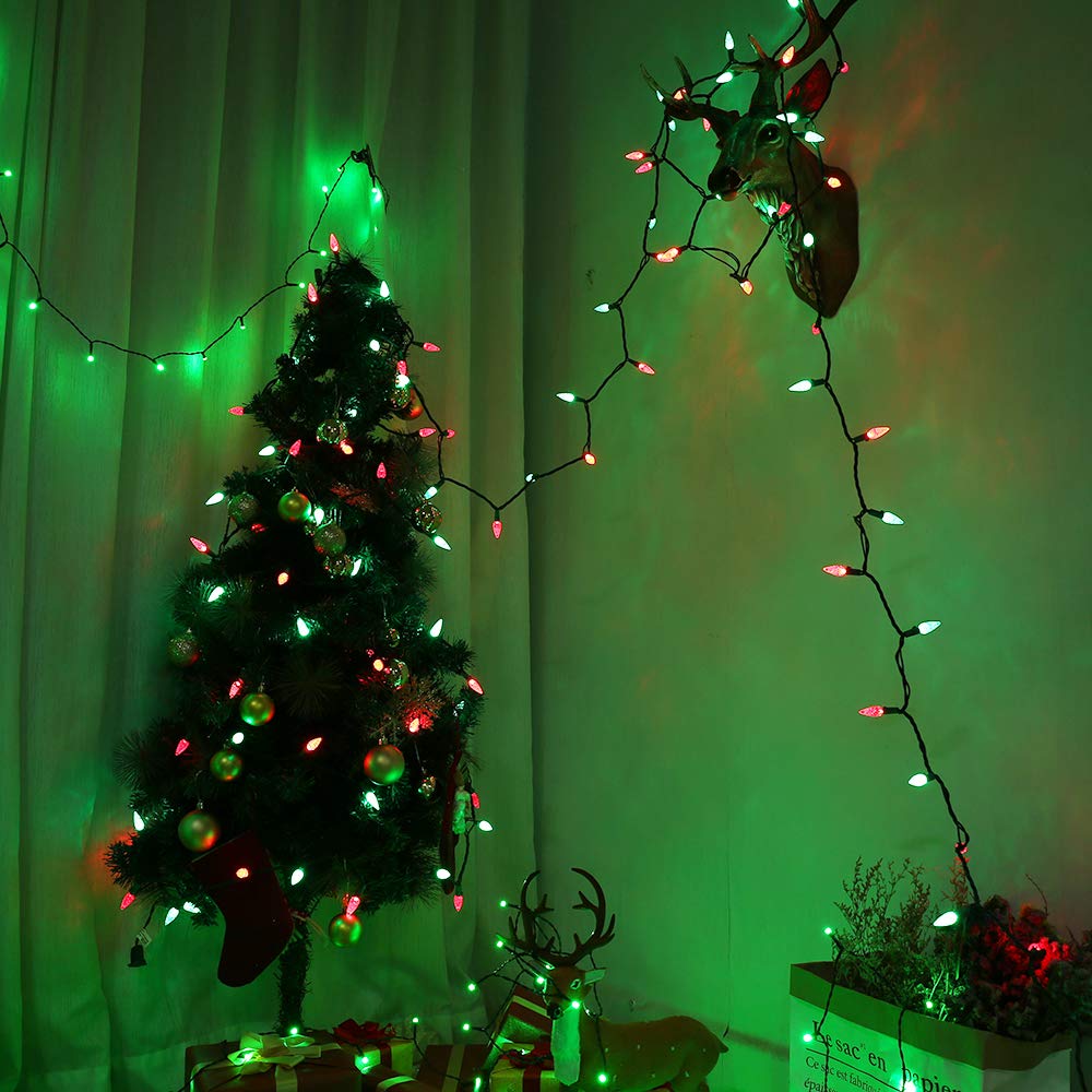 Brizled Red & Green C5 Christmas Lights, 33ft 100 LED Christmas Lights, Connectable 120V UL Certified Mini Xmas Light String Faceted Xmas Light for Christmas Tree Party Roof Indoor Outdoor Decor