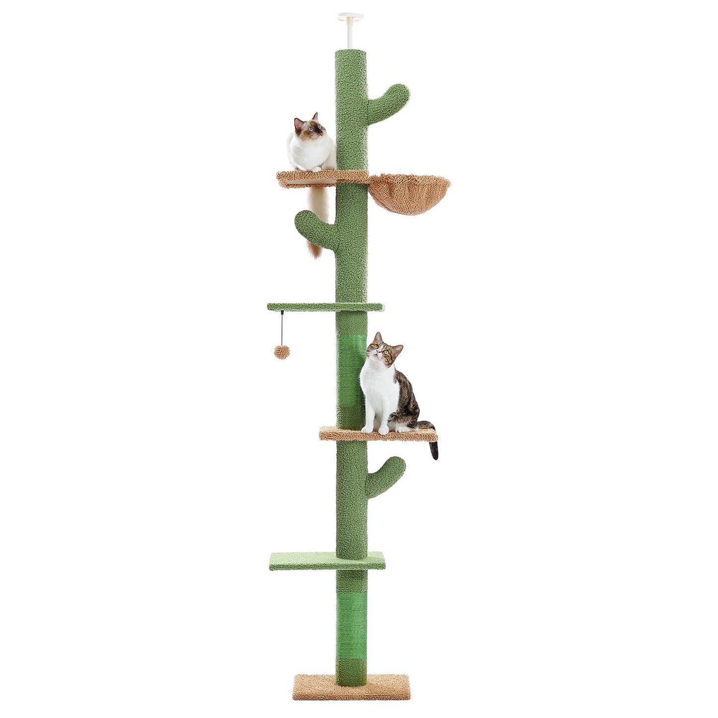 PAWZ Road Cactus Cat Tree Floor to Ceiling Cat Tower with Adjustable Height(239-275cm), 5 Tiers Cat Climbing Activity Center with Cozy Hammock, Platforms and Dangling Balls for Indoor Cats