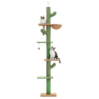PAWZ Road Cactus Cat Tree Floor to Ceiling Cat Tower with Adjustable Height(239-275cm), 5 Tiers Cat Climbing Activity Center with Cozy Hammock, Platforms and Dangling Balls for Indoor Cats