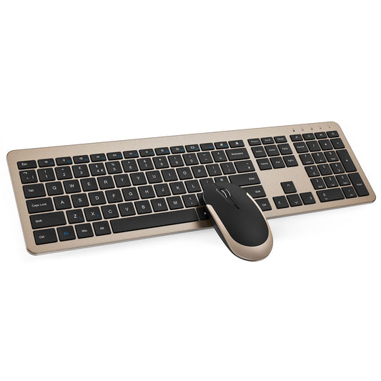 seenda Wireless Keyboard and Mouse Set, SK38 Ultra Slim Quiet USB Wireless Keyboard and Mouse Full Size QWERTY UK Layout with Numeric Keypad for Windows PC, Laptop, Computer, Black and Gold