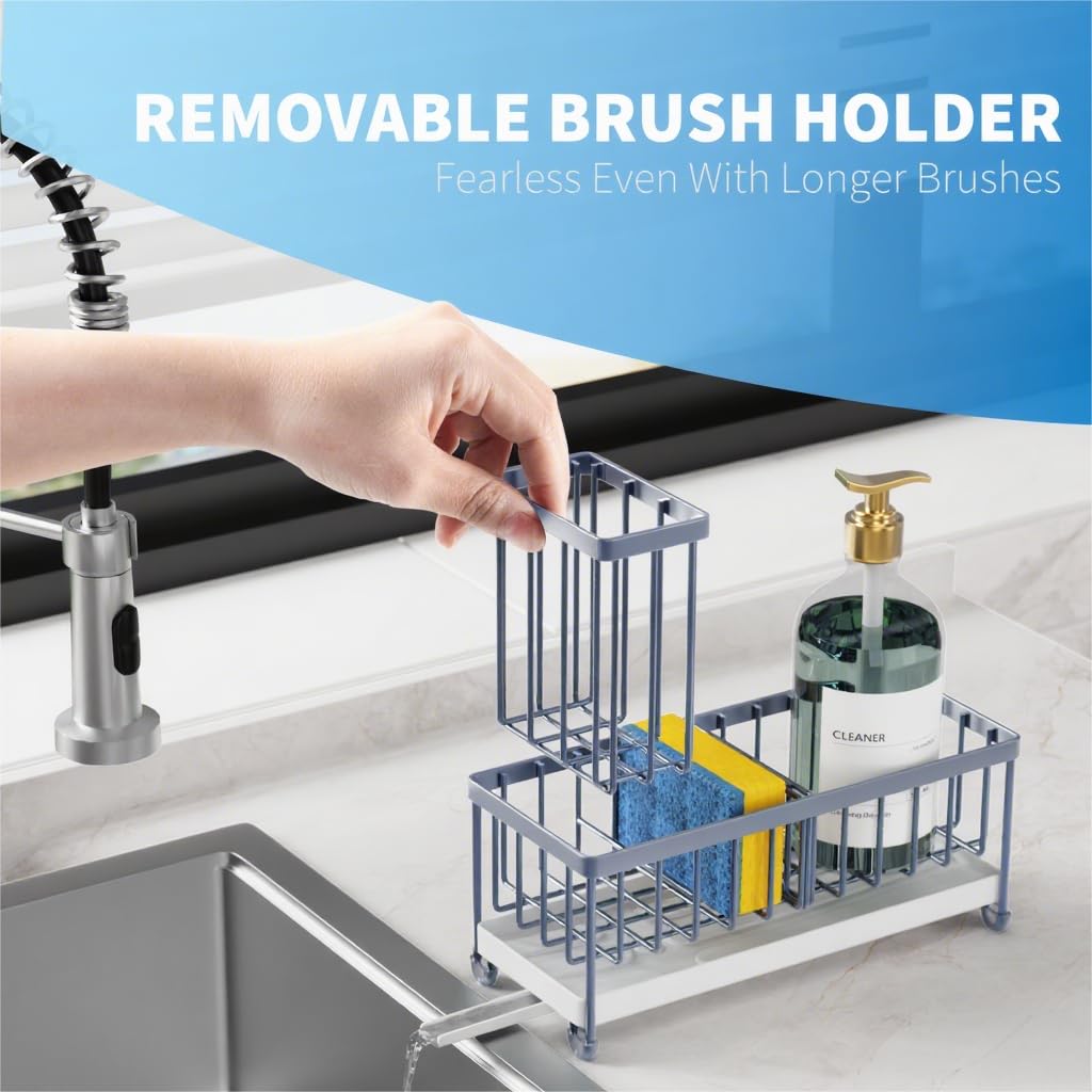 Cisily Black Sponge Holder for Kitchen Sink, Sink Caddy Organizer with High Brush Holder, Kitchen Countertop Organizers and Storage Essentials, Rustproof 304 Stainless Steel, Soap Dispenser Organize
