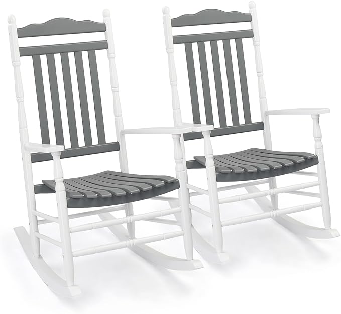 VINGLI Wooden Rocking Chair, Outdoor Chair with 450 lbs Support, Relaxing Rocker with Solid Wood High Back Seat Reclining Seat for Deck, Garden, Backyard, Porch (White & Grey, 2PCS)