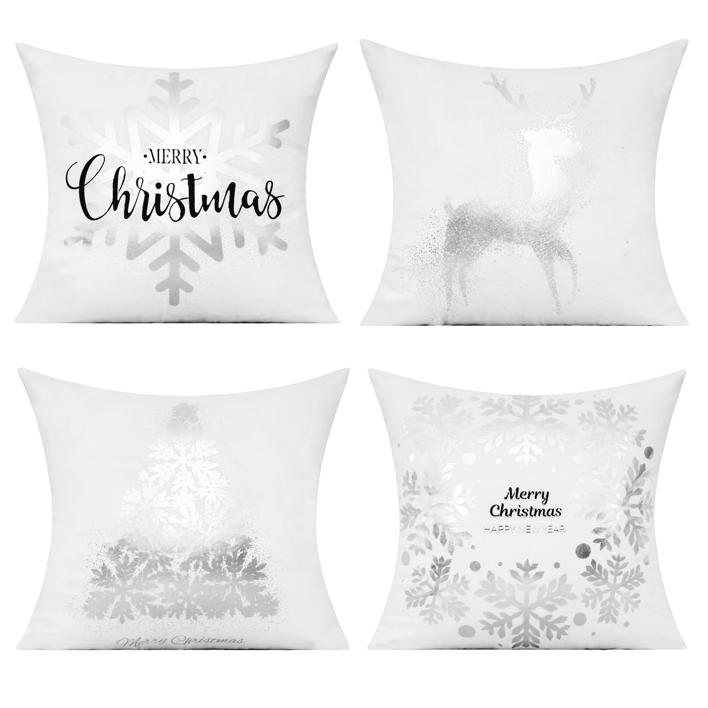 All Smiles White Silver Christmas Throw Pillow Covers Cases 18X18 Set of 4 Winter Xmas Navidad Decorations Indoor Home Holiday Décor Ornaments Velvet Cushion for Sofa Tree Snowflake Reindeer