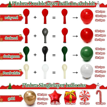 Christmas Balloons Garland Arch Kit, Double Stuffed Dark Green Red Gold Pearl White Balloons for Christmas New Year Xmas Holiday Birthday Party Decorations