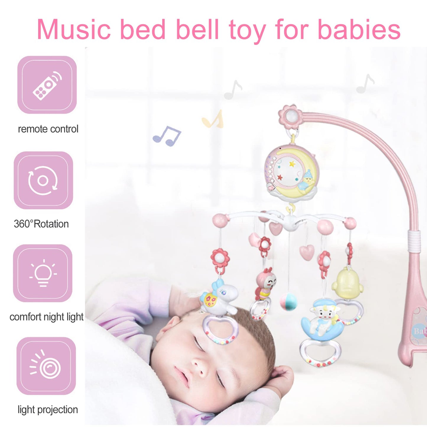 Aolkee 360° Rotating Baby Musical Cot Mobile with Lights, Hanging Rotating Rattles, Remote Control Music Box, Timing Function, Gift for Newborn Toddler