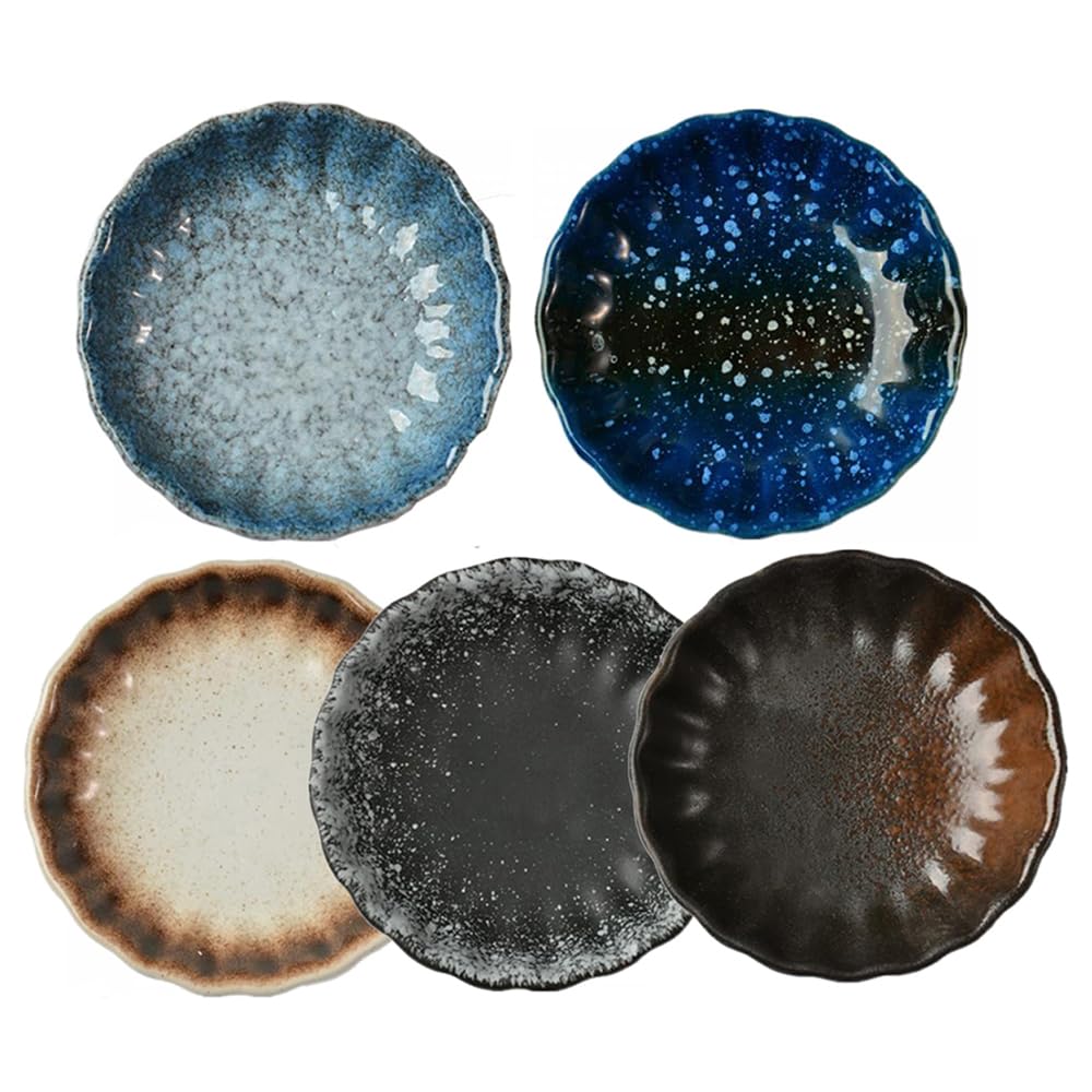 Gaolinci 3 Inch Retro Style Seasoning Dish, 5-Pack Flower Shape Ceramic Dipping Sauce Dish, Snack Dish, Appetizer Dish