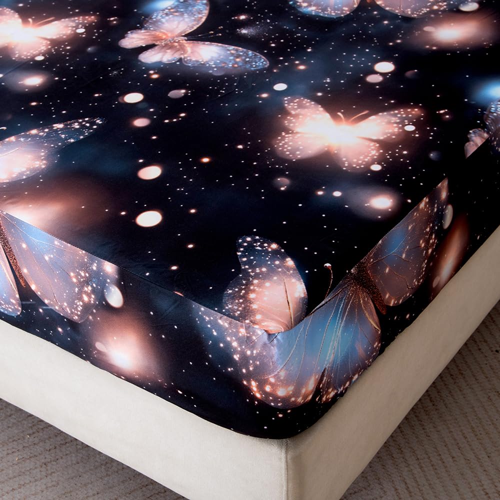 NATURETY Bedding Fitted Sheet with Deep Pocket,3D Pattern Printed Fabric Bed Sheets (Black Butterfly, Queen)