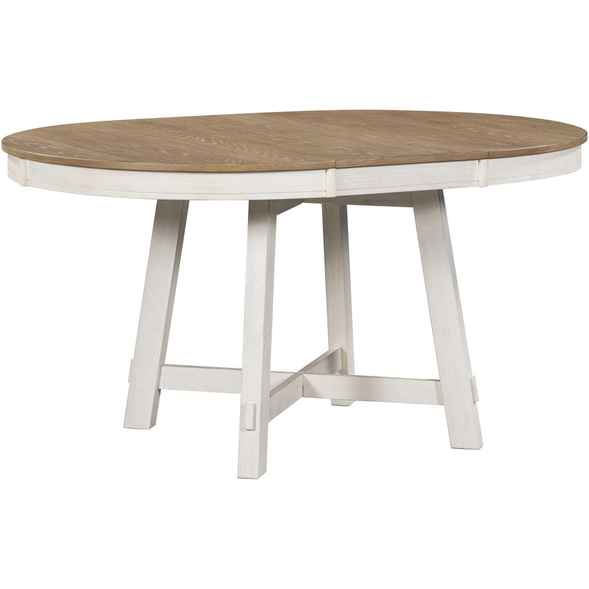 GDFStudio 42"-58" Farmhouse Extendable Dining Table for 4-6, Solid Wood Round Dining Table with 16" Leaf & X-Shaped Base, Kitchen & Dining Room Table, Space Saving, Oak Natural Wood+Antique White
