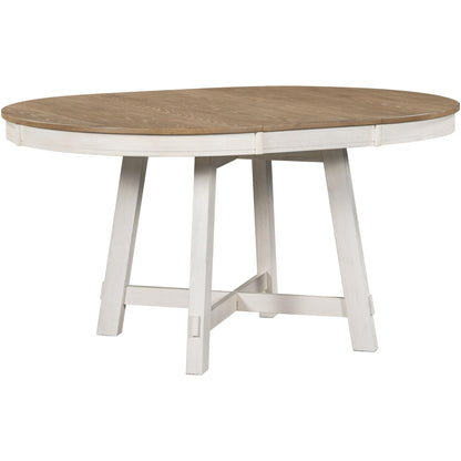 GDFStudio 42"-58" Farmhouse Extendable Dining Table for 4-6, Solid Wood Round Dining Table with 16" Leaf & X-Shaped Base, Kitchen & Dining Room Table, Space Saving, Oak Natural Wood+Antique White