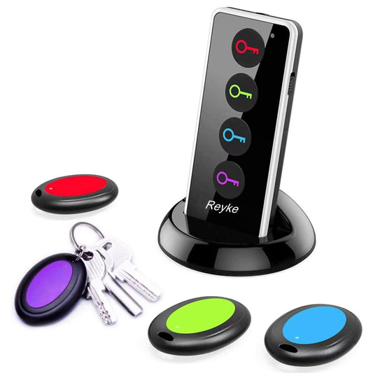 Reyke Key Finder, 80dB+ RF Item Locator Tags with 131ft. Working Range, Wireless Remote Finder Locator for Finding Wallet, Phone, Glasses, Pet Tracker, 1 RF Transmitter & 4 Receivers