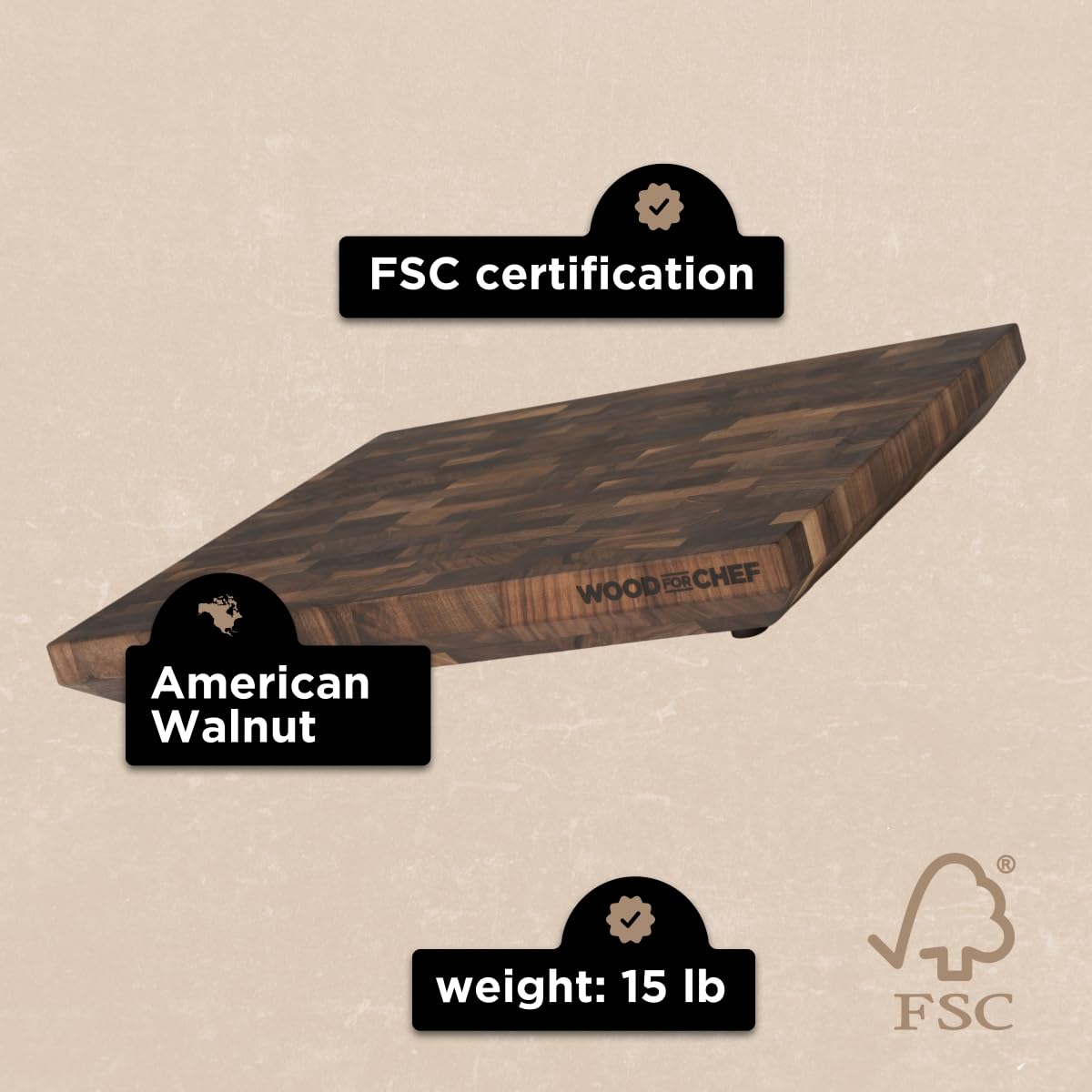 WoodForChef Heritage Large Walnut End Grain Cutting Board – Heavy Butcher Block Board with Feet & Mineral Oil Bottle – Foodsafe Wooden Prep Deck for Kitchen & Professional Chefs - 18x16x2 inches