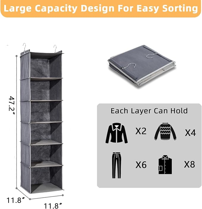 2 Packs Hanging Closet Organizer, 6-Shelf Closet Organizers and Storage