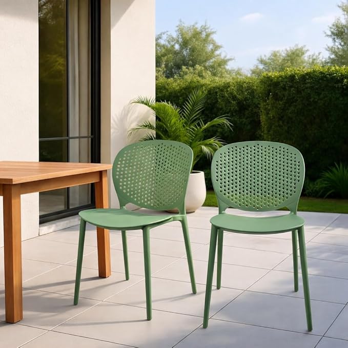 2xhome Patio Dining Chair | Modern Stackable Outdoor Pool Side Chair | Weather Resistant Plastic for Yard, Porch, Balcony, Kitchen, Green, Single, Set of 1