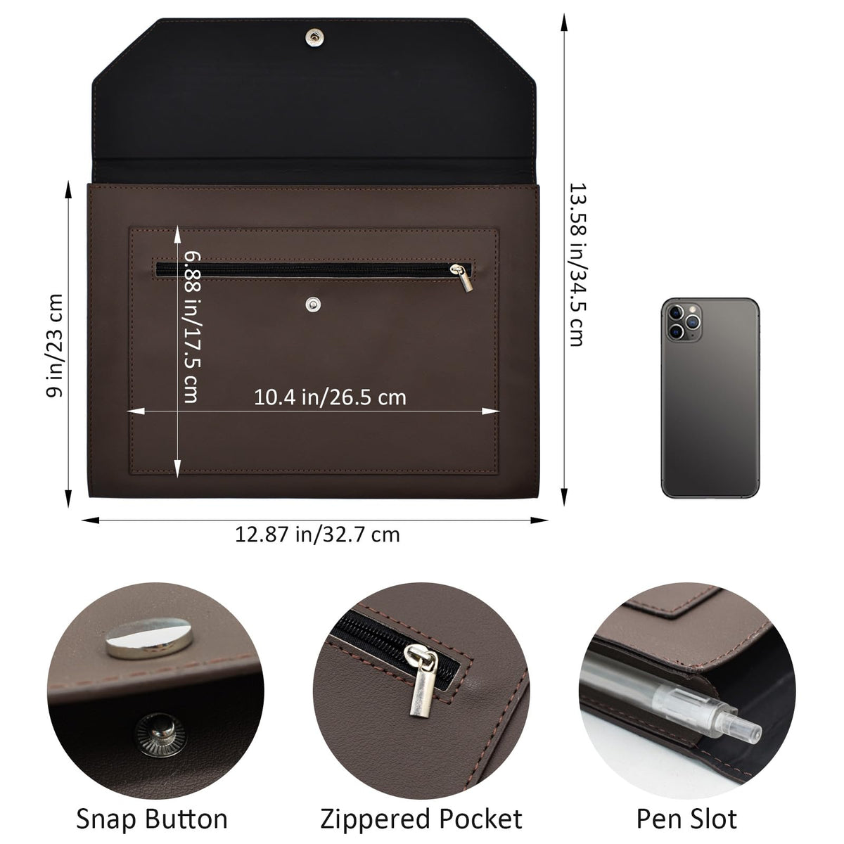 VANRA 1 Piece PU Leather Expanding File Folder Organizer Document Holder with Snap Button Zippered Pocket, Portfolio Envelope Folder Case for A4 Letter Size Paper (Dark Brown)