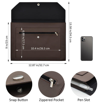 VANRA 1 Piece PU Leather Expanding File Folder Organizer Document Holder with Snap Button Zippered Pocket, Portfolio Envelope Folder Case for A4 Letter Size Paper (Dark Brown)