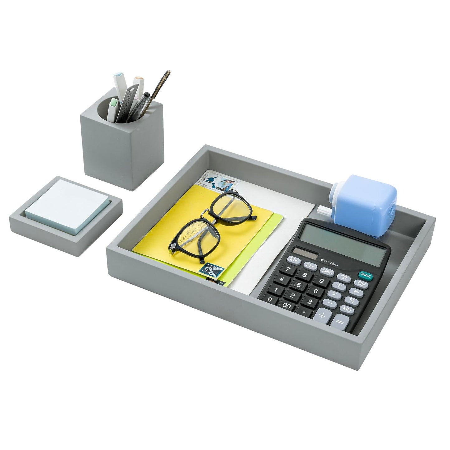 MyGift 3 pcs Set Modern Gray Concrete Desk Organizer Trays, Desktop Office Paper Tray, Stationery Holder Pencil Cup, Sticky Note Pad Holder