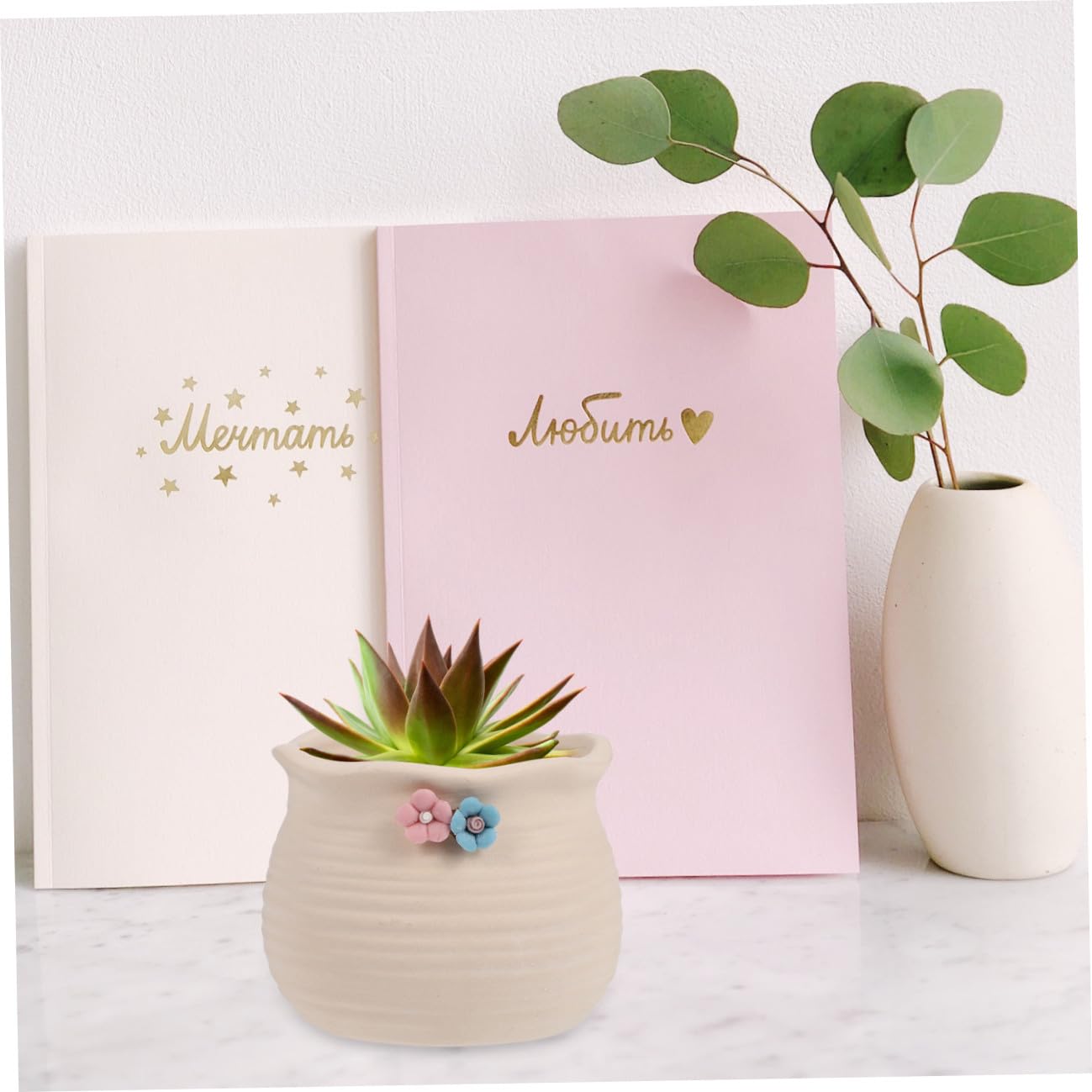 POPETPOP 3Pcs Floral Design Succulent Planters Ceramic Flowerpot Set for Desktop Decor Indoor Gardening Patio Use