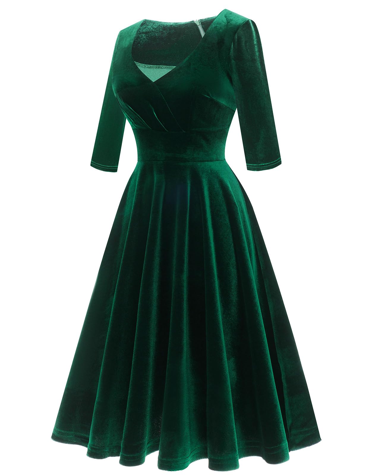 Bbonlinedress Women Long Sleeve Velvet Formal Vintage Cocktail Party Winter Christmas Wedding Guest Dress V-Dark Green XL