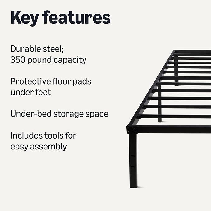 Amazon Basics Metal Bed Frame, Non-Foldable Platform Bed, Easy Assembly