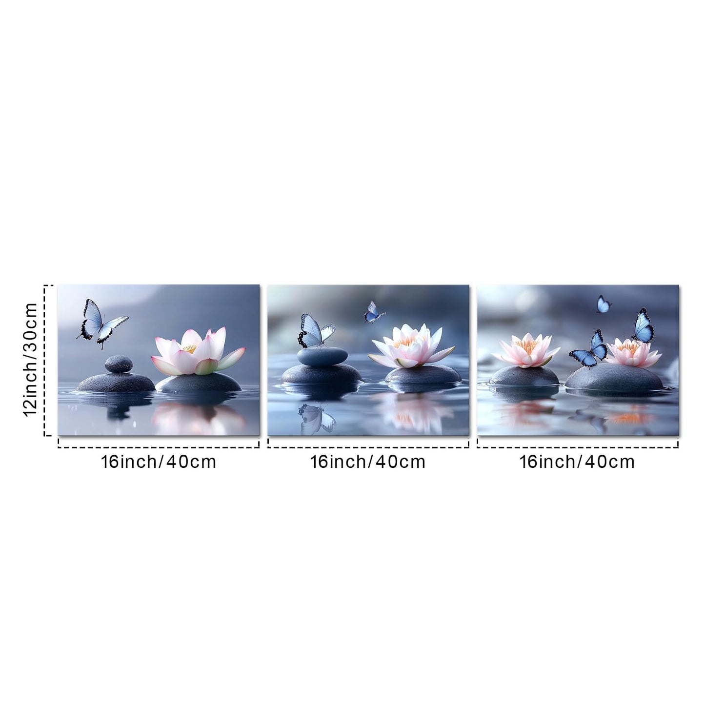 iKNOW FOTO Zen Lotus Flower Canvas Wall Art - 3pcs Calming Spa Decor with Stones and Butterfly - Water Lily Modern Artwork for Bathroom, Yoga Studio, Meditation, or Living Room - 12x16 Each