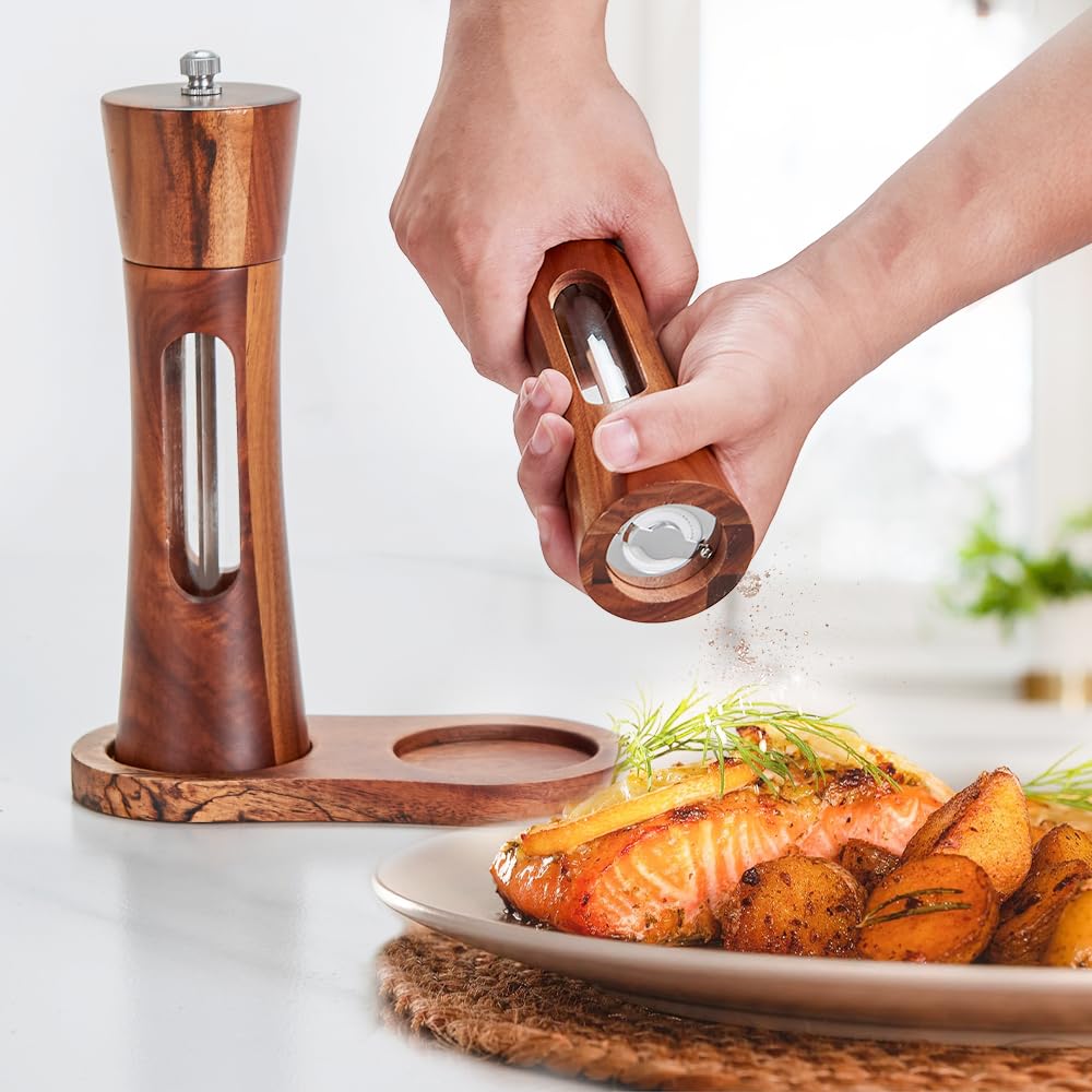 Wooden Salt and Pepper Grinder Set with Tray, 8 Inch Manual Salt & Pepper Shakers with Adjustable Coarseness, Salt and Pepper Mills