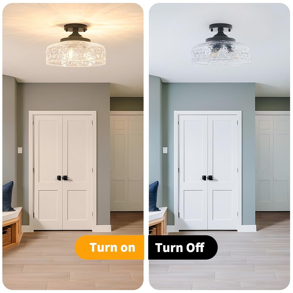 Daunton Semi Flush Mount Ceiling Light Fixture, Vintage Matte Black 3-Light Fixture with Etched Crystal Glass Shade for Kitchen,Hallway, Entryway, Bedroom (No E12 Bulbs Included)