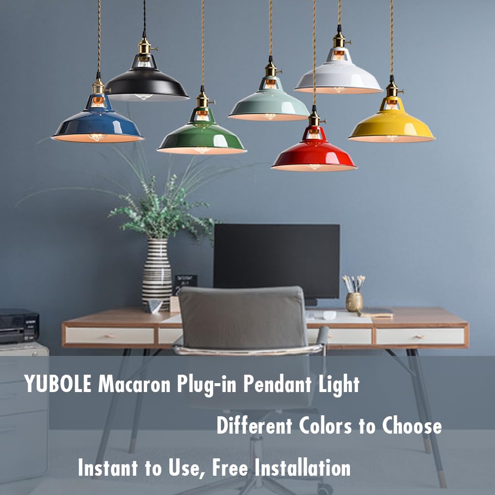 YUBOLE Modern Green Plug-in Pendant Light,Macarons Kitchen Hanging Swag Lighting, Metal Barn Shade with On-Off Switch Plug Cord Light for Bedroom Foyer Dining Bar