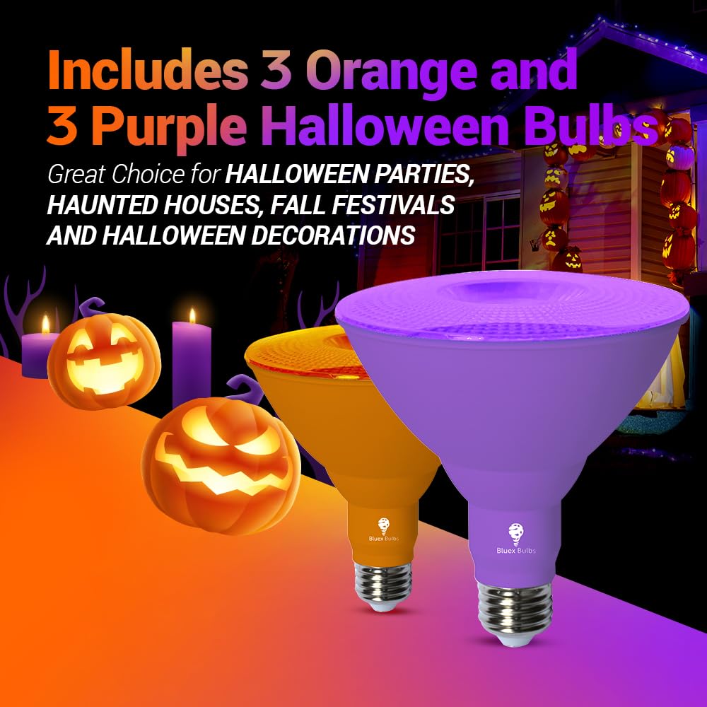 Bluex Bulbs 6 Pack LED Par38 Flood Purple Orange Light Bulb - 18W (120Watt Equivalent) - Dimmable - E26 LED Lights, Party Decoration,Home Lighting, Holiday Halloween Orange Purple Flood Lights Bulbs
