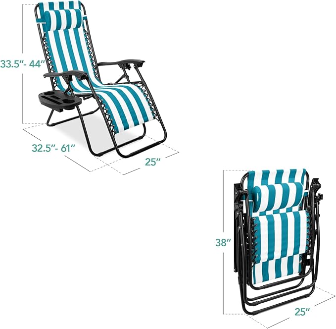 Best Choice Products Set of 2 Adjustable Steel Mesh Zero Gravity Lounge Chair Recliners w/Pillows and Cup Holder Trays - Peacock Striped