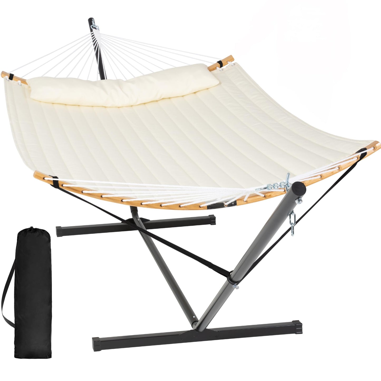 SUNCREAT Hammocks for Outside with Stand Included, Double Hammock with Curved Spreader Bar, Carrying Bag, Beige