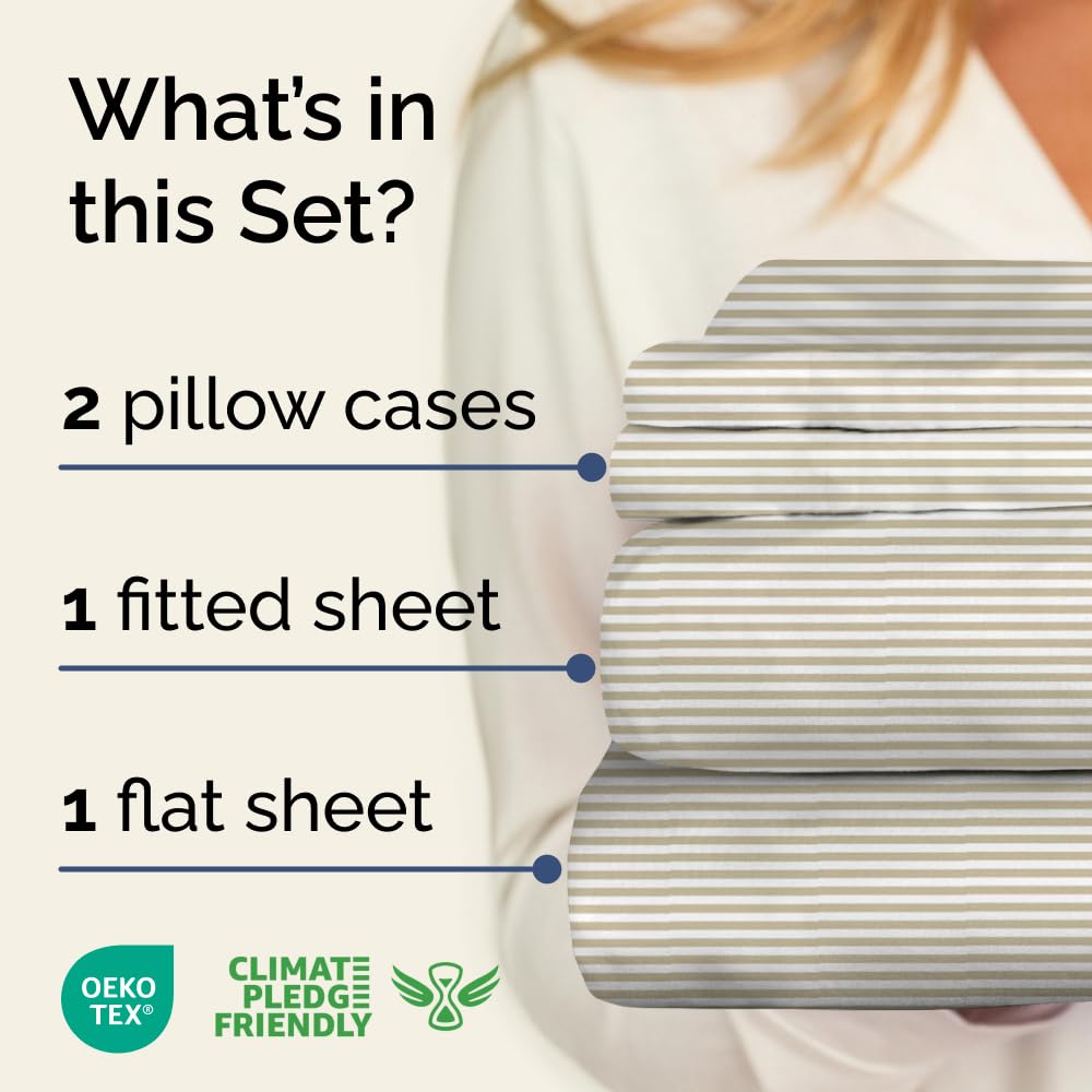 Biege Striped Sheets - Cream Bed Sheet Set - 1 Flat & 1 Fitted & 2 Pillowcases w/ Deep Pockets - Cozy, Wrinkle & Fade Resistant - Soft, Breathable, Cooling - Luxury Pinstripe Bedding - Queen Size