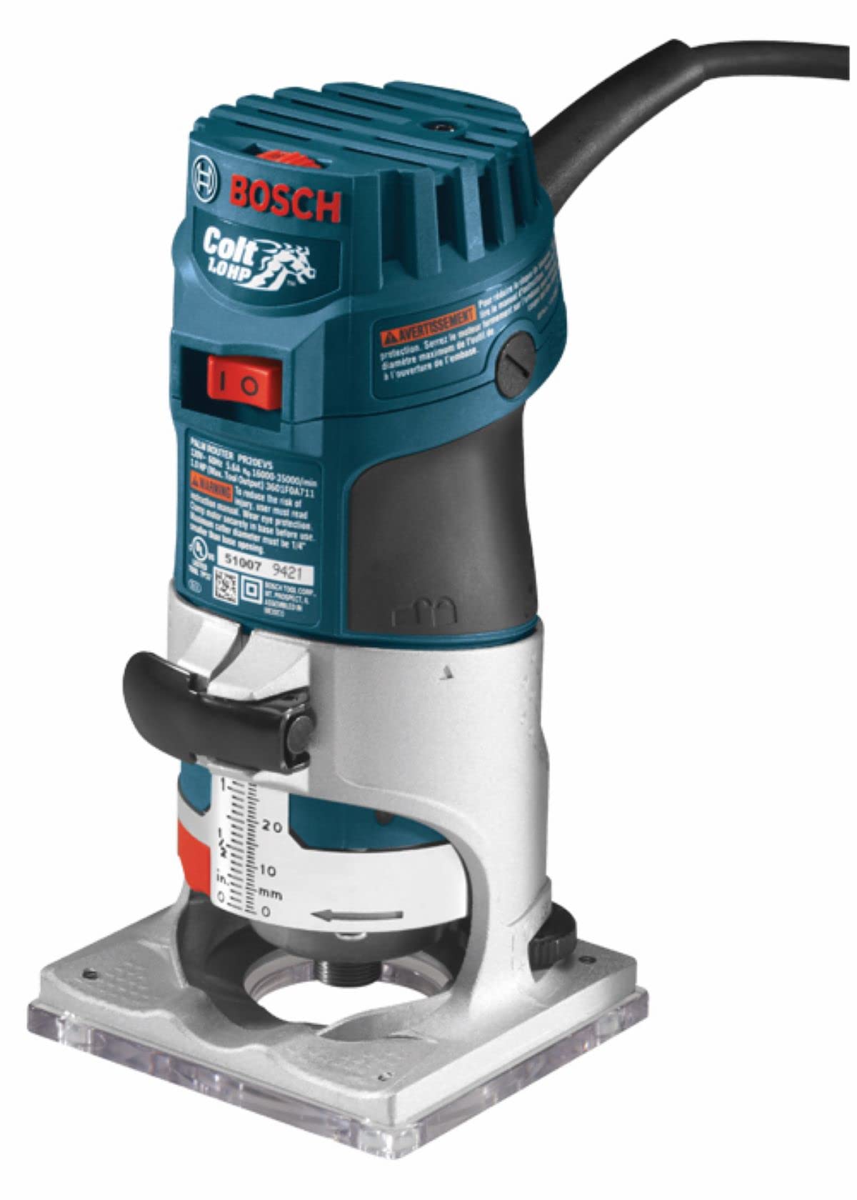 BOSCH PR20EVS Colt 1.0 HP Variable-Speed Palm Router - 5.6 Amp Motor, Soft Start, Constant ResponsCircuitry, Ergonomic Grip, Rugged Aluminum Base, Fixed, Quick-Clamp System, 1/4" Collet