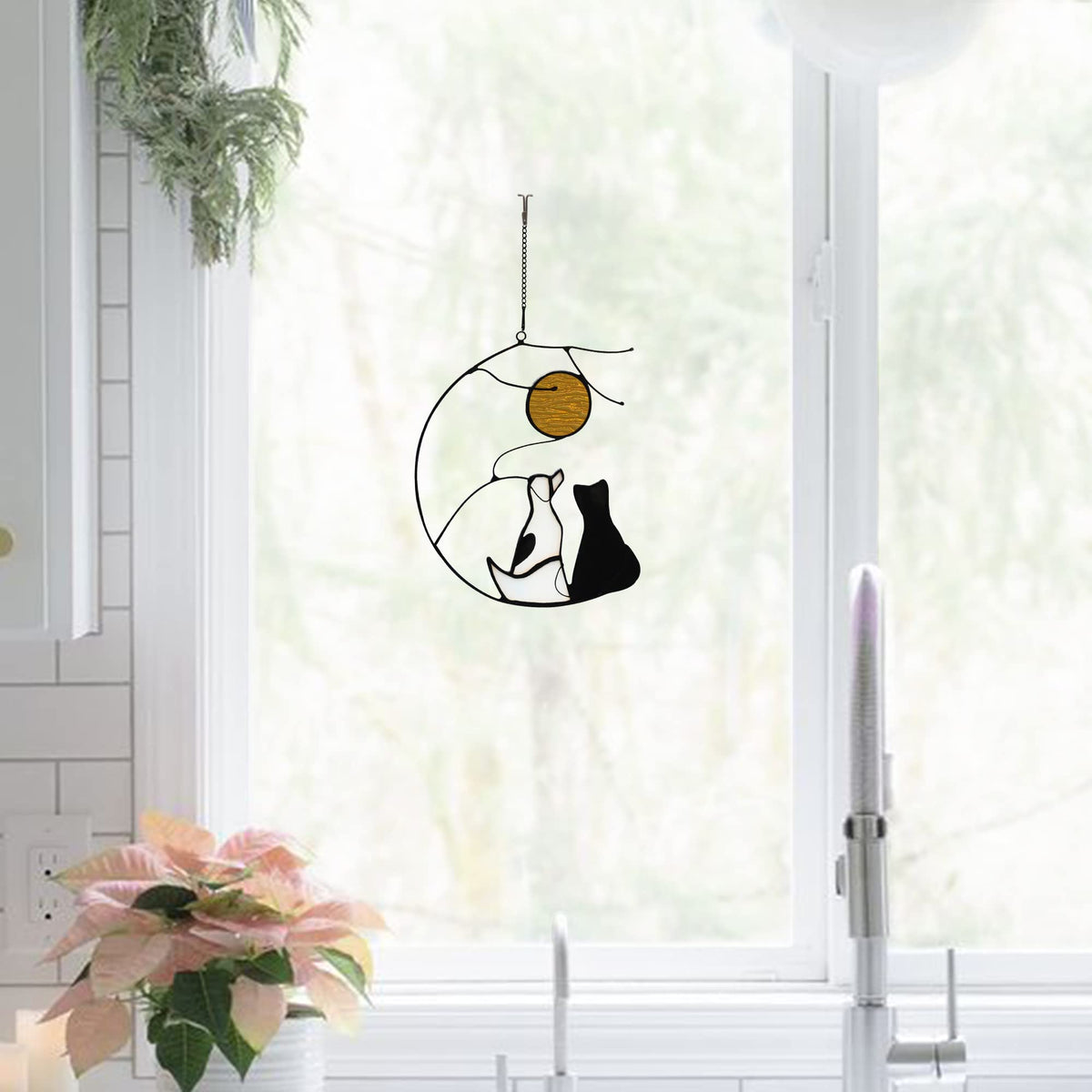 HAOSUM Dog and Cat Friendship Decor Stained Glass Window Hanging,Pet Memorial Gifts Suncatcher for Window,Black Cat Themed Gifts for Cats Lovers,Dog Lovers Giftss for Women