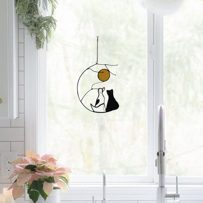 HAOSUM Dog and Cat Friendship Decor Stained Glass Window Hanging,Pet Memorial Gifts Suncatcher for Window,Black Cat Themed Gifts for Cats Lovers,Dog Lovers Giftss for Women