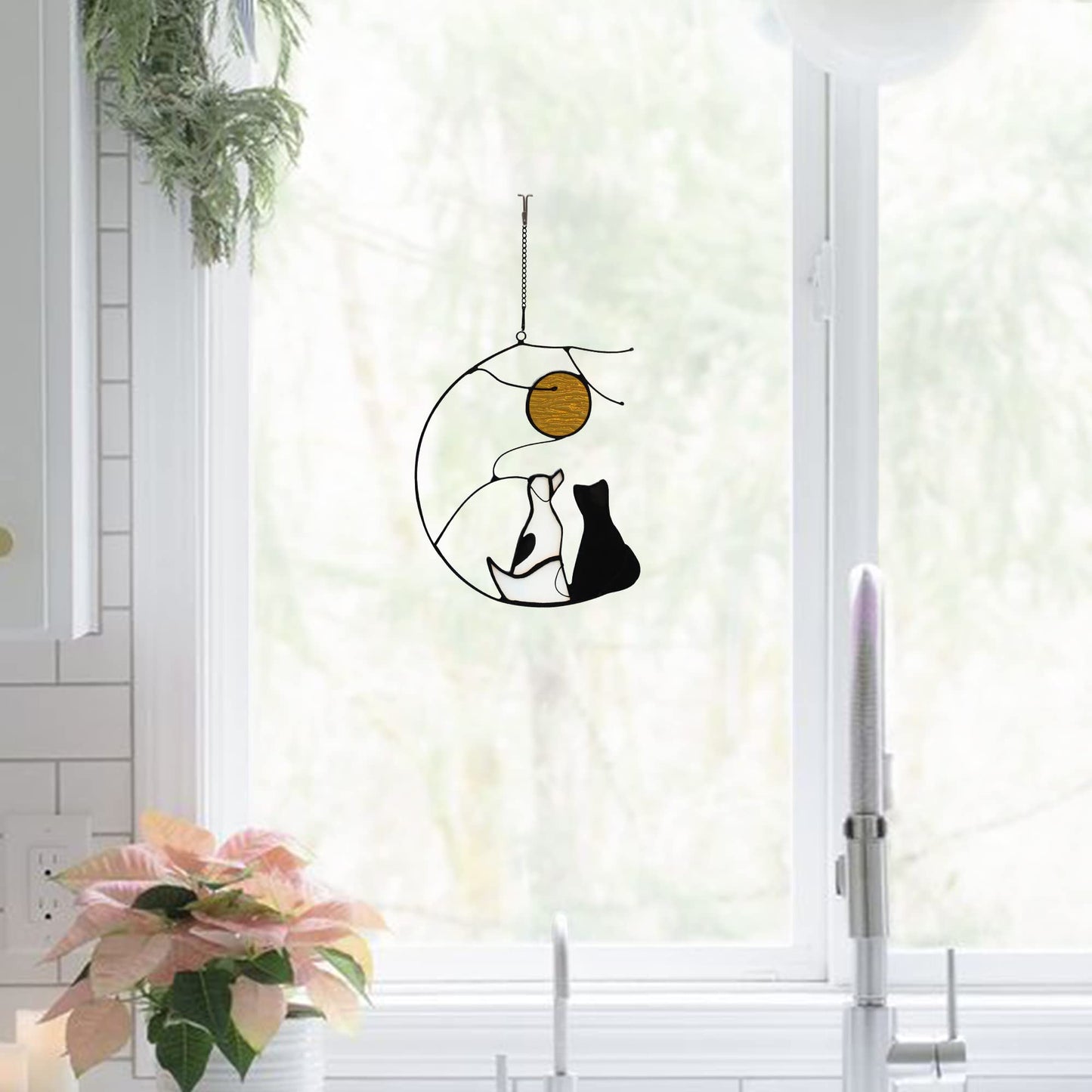 HAOSUM Dog and Cat Friendship Decor Stained Glass Window Hanging,Pet Memorial Gifts Suncatcher for Window,Black Cat Themed Gifts for Cats Lovers,Dog Lovers Giftss for Women