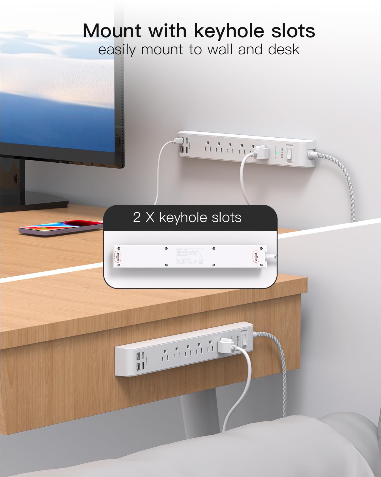 2 Pack Power Strip, 12FT Long Extension Cord, Surge Protector with 6 Outlets and 4 USB Ports (2 USB C), Flat Plug Overload Protection, Extension Cord 10+ ft, Wall Mount for Home Office Dorm College