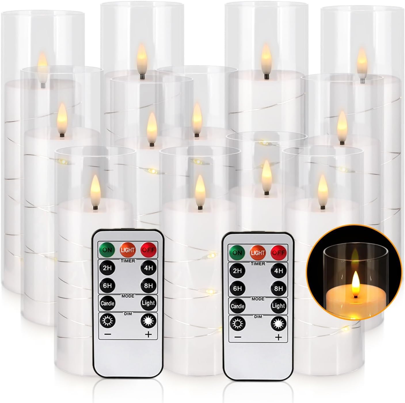 YOROXRG Flickering Flameless Candles Battery Operated with Remote,Led Pillar Candles with Realistic Moving Wick Candles for Halloween,Christmas,Home Decor Pack of 12 (D2.2 xH 5" 6" 7")(White)