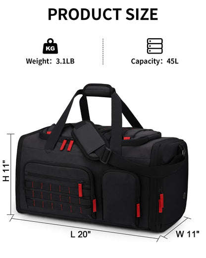 DD DEVILLI Gym Bags for Men Women, 45L Sports Travel Duffle Bag with Shoe Compartment, 3 in 1 Weekener Overnight Backpack with Wet Pocket, Black