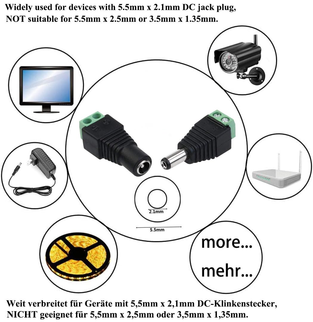 LitaElek 5.5mm x 2.1mm DC Connector 12V DC Barrel DC Jack Female Male Plug Adapter Screw Terminal Connector for CCTV Camera, LED Strip Light, or other DC 5V-24V Devices (5 female + 5 male)