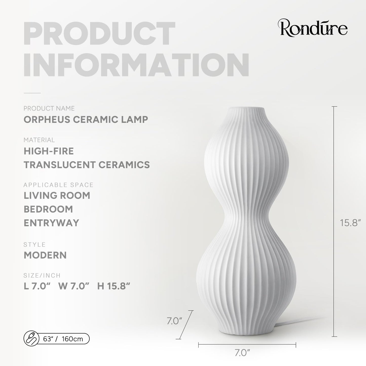 RONDURE 15.8" Modern Ceramic Table Lamp, Fully Dimmable Bedside Lamp for Bedroom Living Room Nightstand, White Translucent Ceramic Shade, Warm Ambient Decorative Corded Lighting, Bulb Included