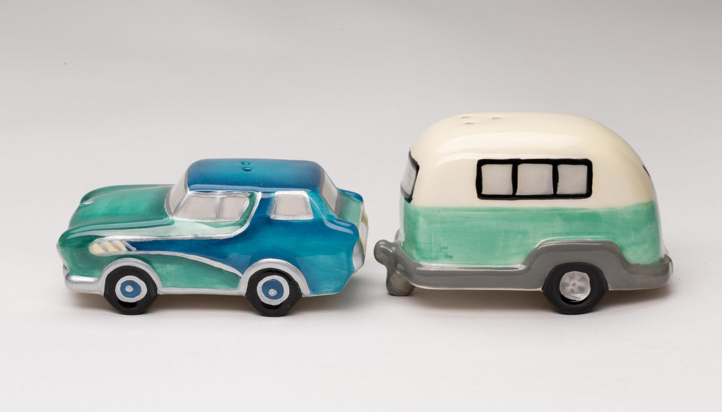 Fine Ceramic Happy Camper Car with Camping Trailer Salt and Pepper Shakers Set