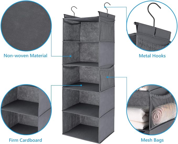 MAX Houser 5 Shelf Hanging Closet Organizer, Space Saver, Cloth Hanging Shelves