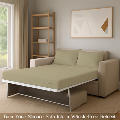 Sleeper Sofa Bed Sheet, 100% Cotton 400 Thread Count, 4 Piece Set, Deep Pocket Fitted Sheet, Soft Wrinkle Free & Breathable, Luxury Hotel Quality, Fits Up to 6 Inch Mattress (Full, Beige)