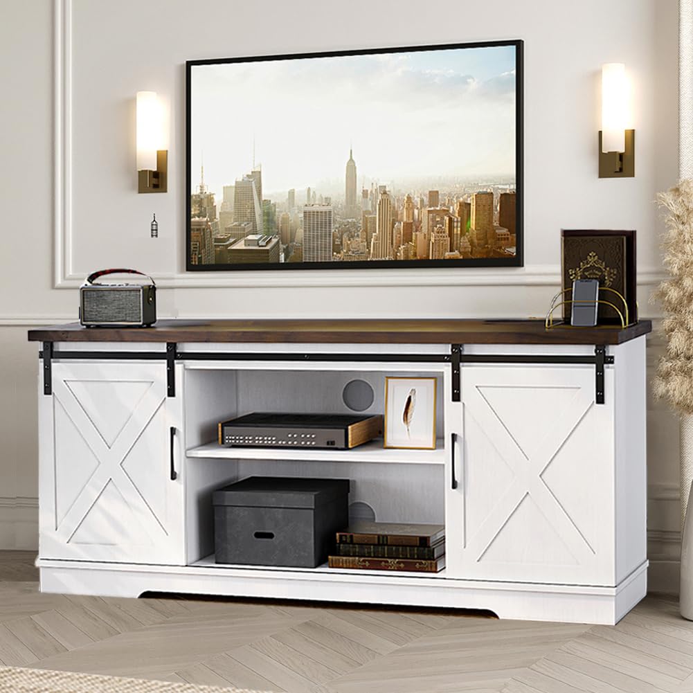 IDEALHOUSE Farmhouse TV Stand, Entertainment Center for 65 Inch TV Media Console Table, White Barn Door TV Stand with Storage and Shelves, Modern TV Console Cabinet Furniture for Living Room