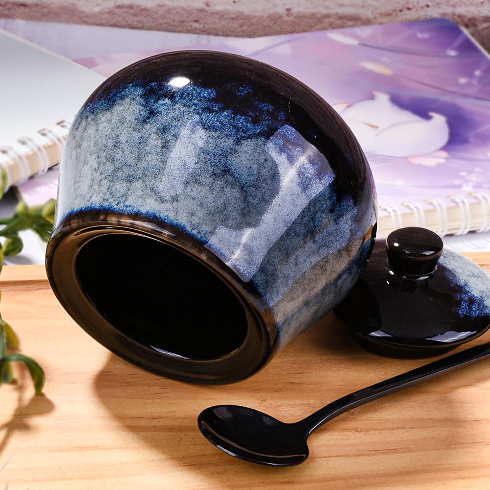 BOSILI Ceramic Sugar Bowl Set of 2, Reactive Glaze Sugar Containers with Lids and Stainless Steel Spoons, Kitchen Canisters for Sugar, Spices, Coffee and Tea