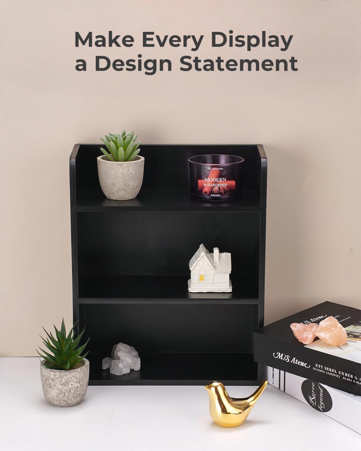 Bahhatii 3-Tier Trinket Shelf, 10" x 12" Small Display Shelf for Desk or Wall, Wooden Knick-Knack Shelves for Collectibles, Perfume & Crystal Storage, Black
