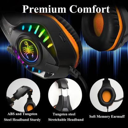 SVYHUOK Pro Gaming Headset for PC PS4 Xbox One Bass Surround Sound Over-Ear Headphones with Mic/LED Light/Soft Memory Earmuffs for Computer Laptop Switch Games Kids Boys Teens Gifts